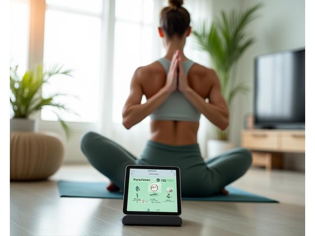 A person performing a well-structured exercise, with a workout plan displayed on a tablet nearby. Highlighting tailored fitness.