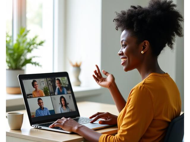 A woman actively participating in a virtual breakout room discussion, smiling and engaged.